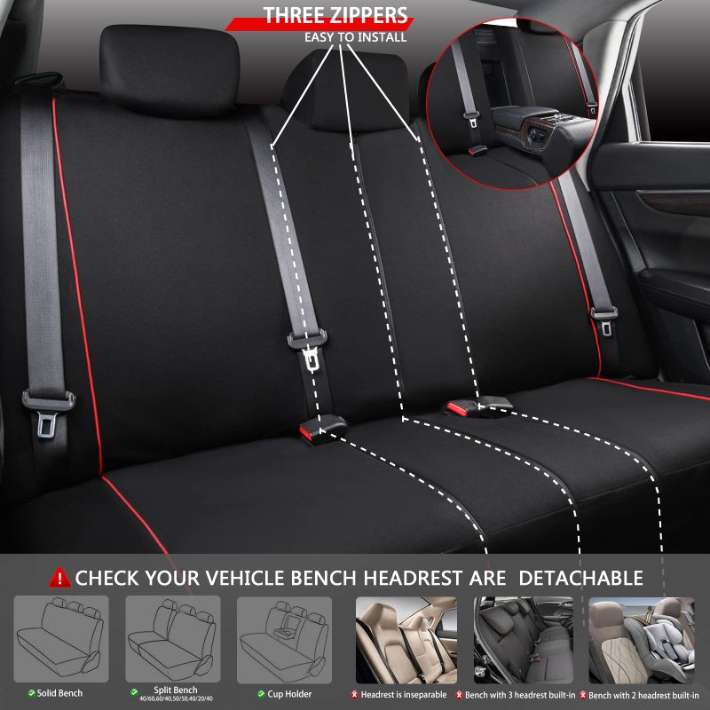 CAR-GRAND Universal Stylish Piping Cloth Car Seat Covers Full Set, Breathable and Washable Automotive Seat Covers with Air Compatible,3 Zipper Bench Design,Fit 90% SUV,Truck,Sedan (Black and Red) - Image 4